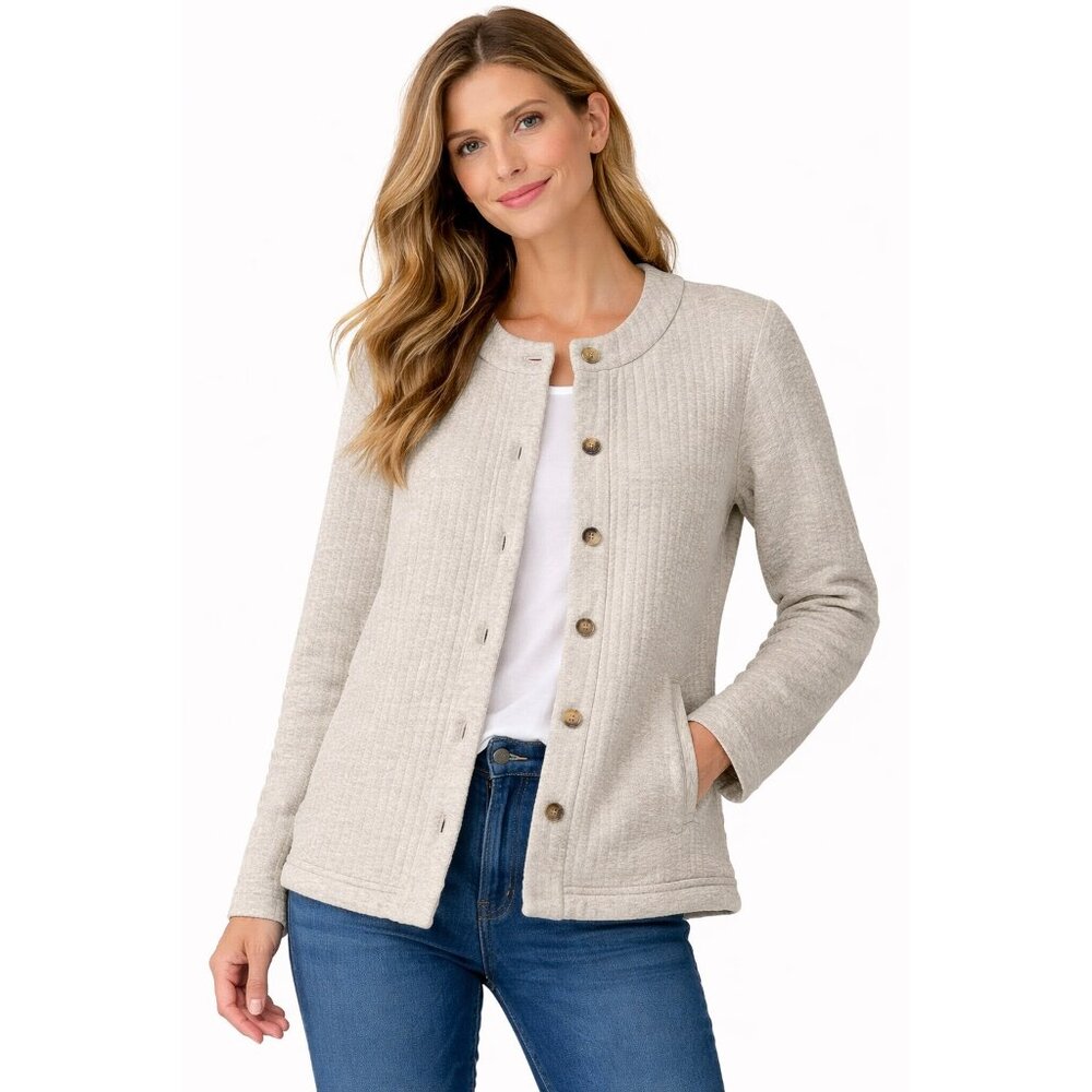 Pure Jill Textured Knit Button Front Jacket Cotton Blend Neutral Size M